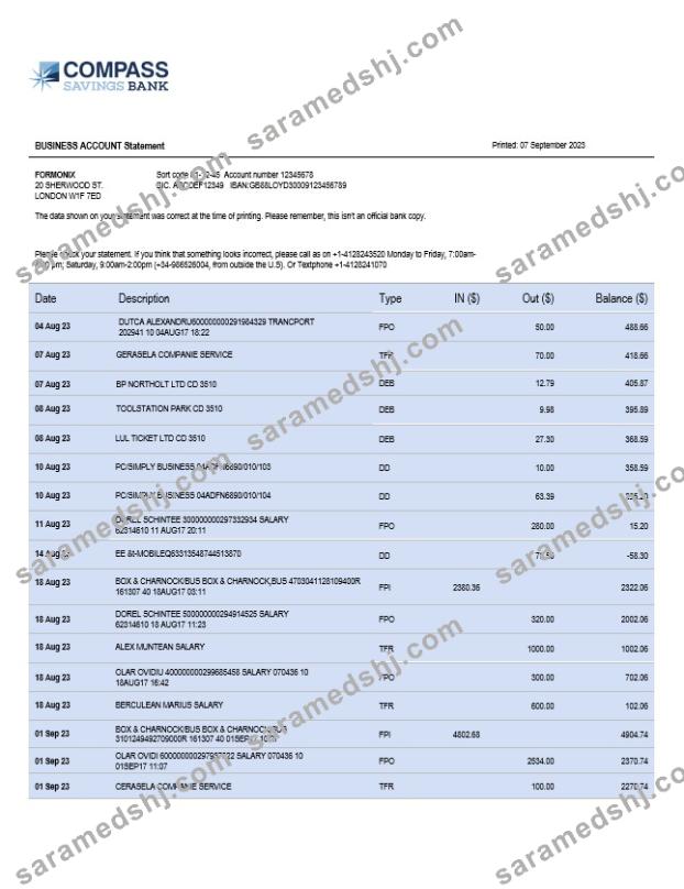 Compass Bank enterprise account statement Word and PDF template